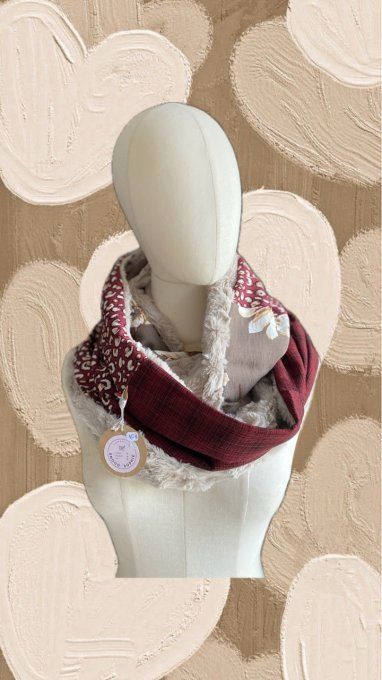 Snood double, leopard et fleurs, beige & bordeaux