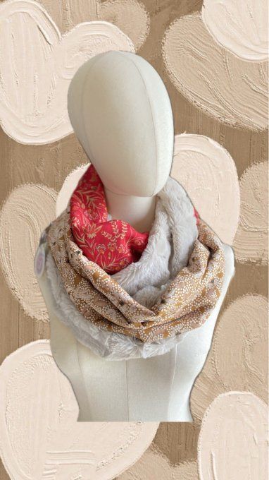 Snood double fleuri beige & rouge