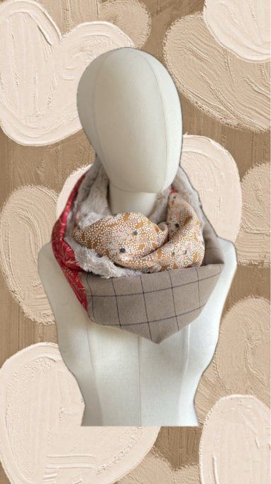 Snood double, beige et rouge