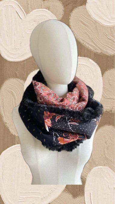 Snood double fleuri, noir & terracota