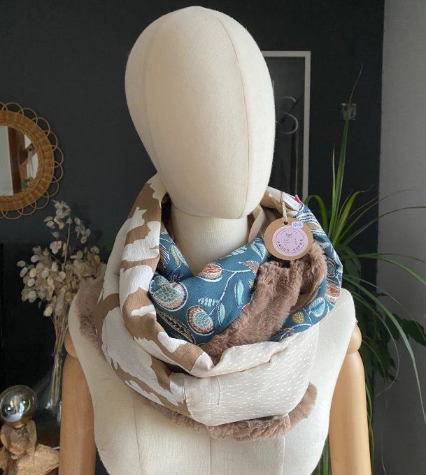 Snood double, beige et vert
