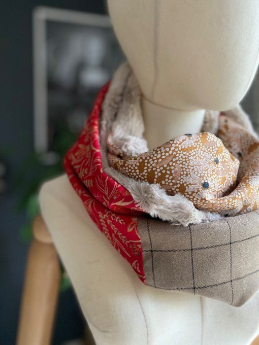 Snood double, beige et rouge