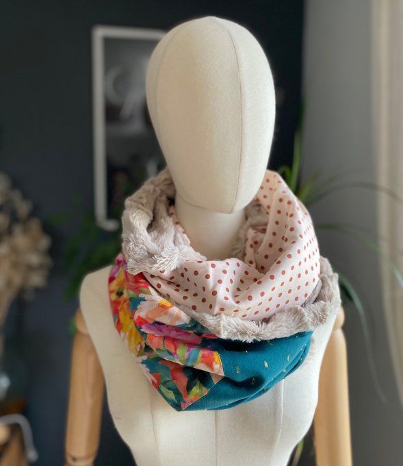 Snood double, bleu canard et rose poudré