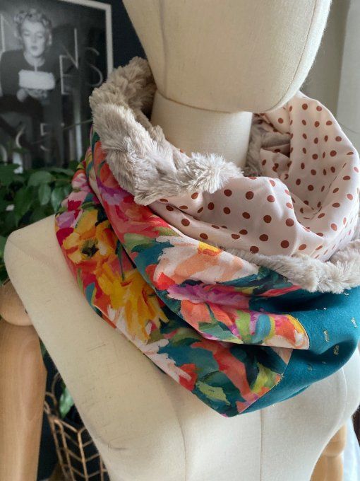 Snood double, bleu canard et rose poudré