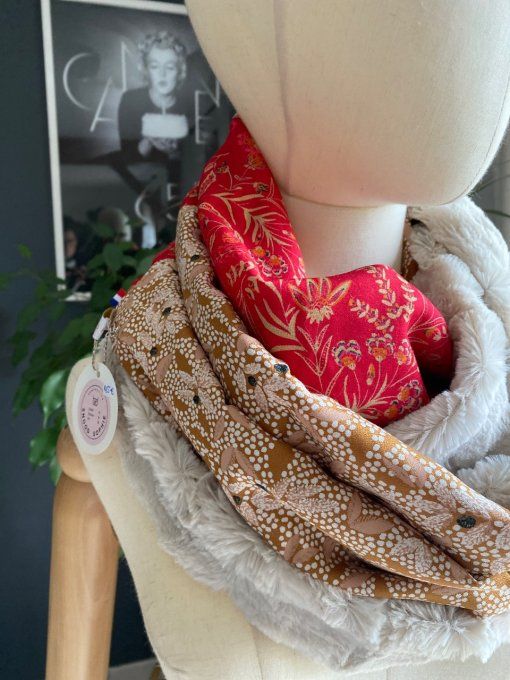 Snood double fleuri beige & rouge
